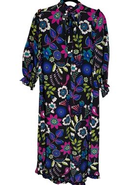 Tyler Boe Maggie Silk Floral dress, in a black multi-color print, tie@neck, M/L